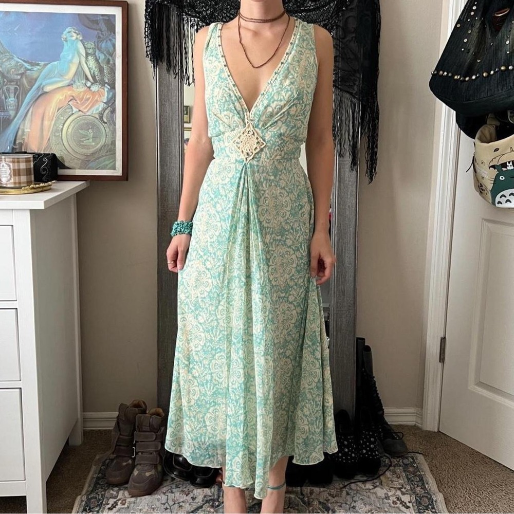 Jonathon Martin Turquoise White Floral Crochet Sequin Maxi Dress Boho Plus 16